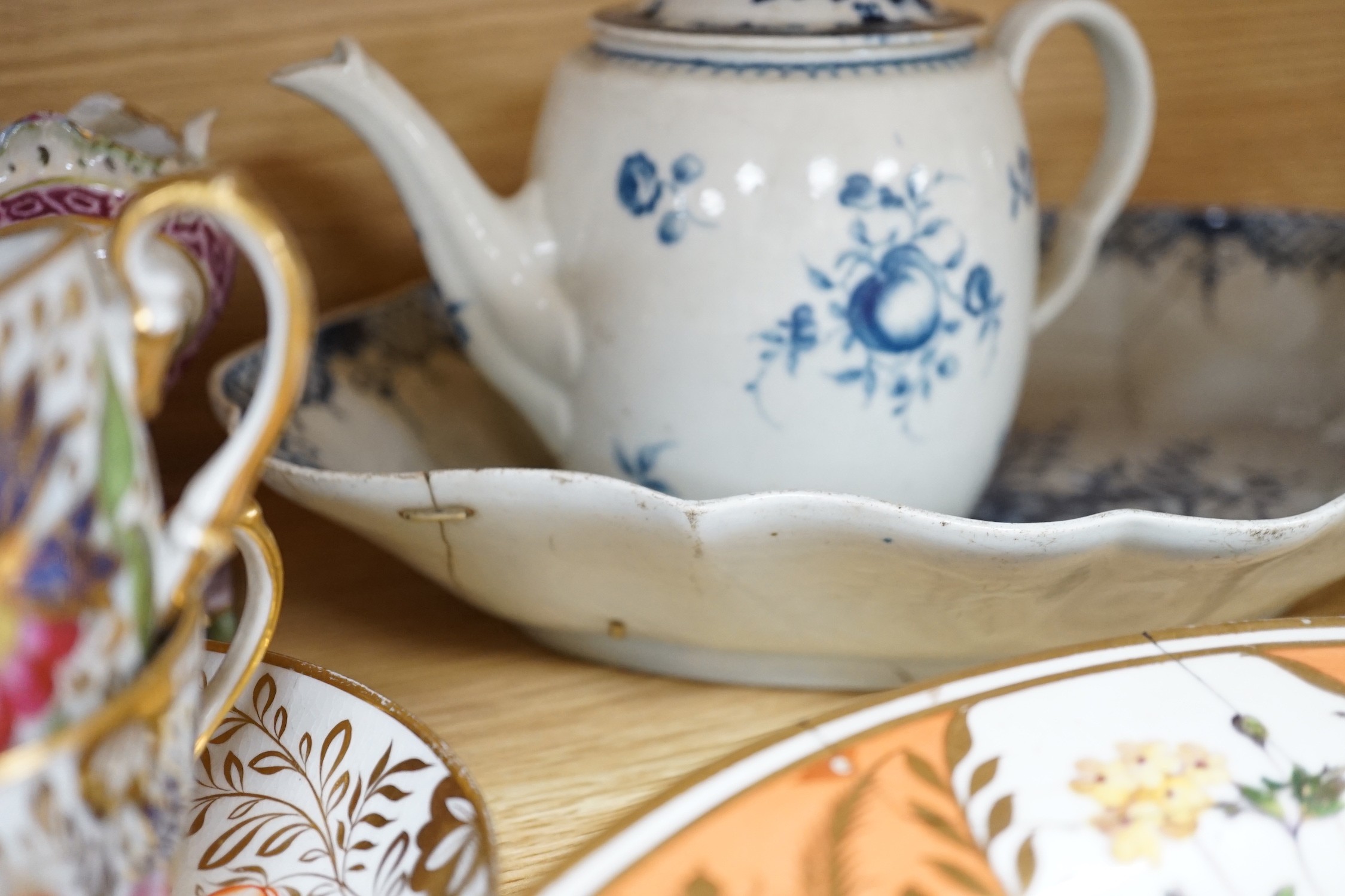 A collection of late 18th/19th century English ceramic teapots, cabinet cups, a jug, dishes and plates etc